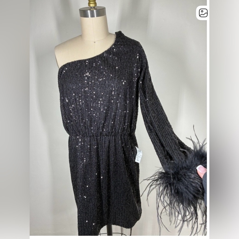 Windsor Black Sequin Feather One Shoulder Mini Dress XL Glam Event Cocktail